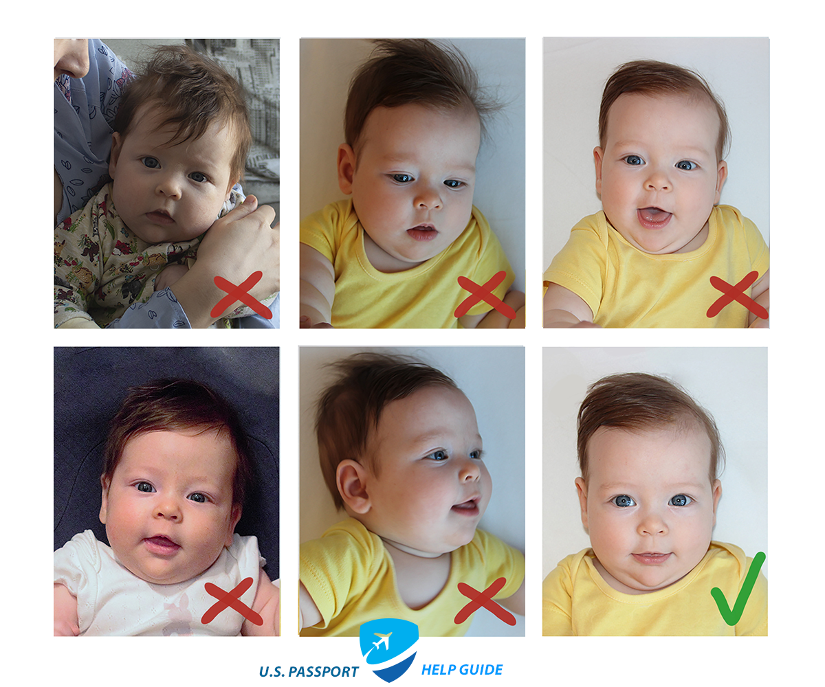 Common baby passport photo application mistakes. Dark, wrong background, pose, proportion, quality of identity photo.